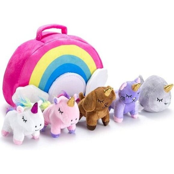 Set Of 5 Unicorn Plush Toys In Rainbow Carrying Case For Kids - Picture 1 of 1
